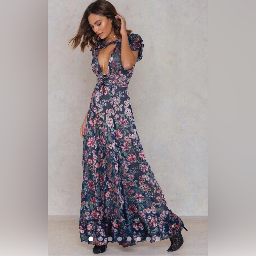 For Love and Lemons Blue Floral Plunging Maxi Dress Size M